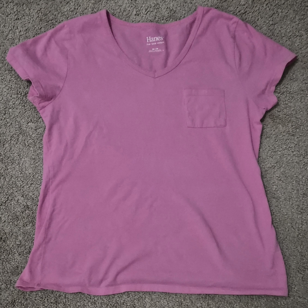 Hanes Women's Cotton Short Sleeve V-Neck Pocket Tee in Pink